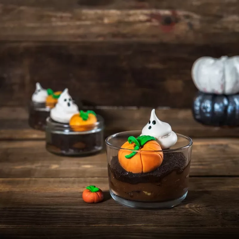 Easy Homemade Chocolate Dirt Pudding for Halloween with Meringue Ghosts
